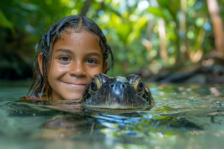 Young Girl Smiling While Swimming with a Turtle in a Crystal Clear Tropical Stream AI Generativeの素材