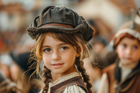 Portrait of a Young Girl in Vintage Costume with Hat at Historical Reenactment Event AI Generativeの素材
