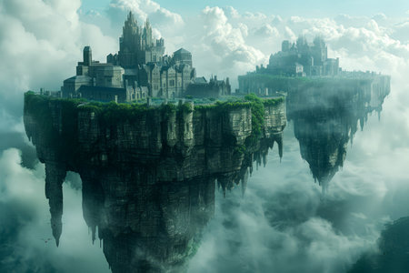 Majestic Floating Island City Above Clouds in Serene Fantasy Landscape AI Generativeの素材