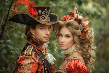 Romantic Renaissance Couple in Elaborate Costumes Posing in Enchanted Forest Setting AI Generativeの素材
