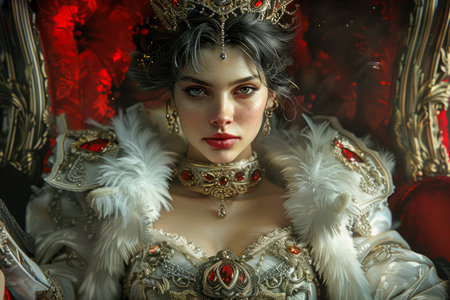 Majestic Queen in Ornate Costume with Regal Crown and Luxurious Robes, Symbolizing Royalty and Aristocracy in a Vibrant Red Themed Setting AI Generativeの素材