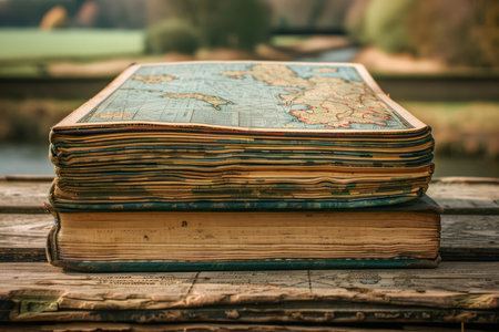 Vintage World Atlas Book on Wooden Table with Countryside Background Retro Cartography Education Concept AI Generativeの素材