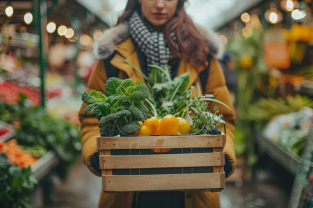 Young Woman Shopping for Fresh Organic Vegetables at a Local Farmer&#39;s Market in the City AI Generativeの素材