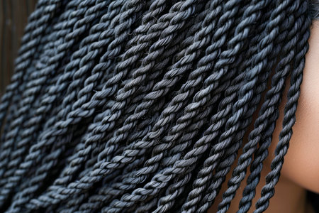 Close up Detail of Styled Black Synthetic Braids, Hair Extension Technique, Artificial Hair AI Generativeの素材