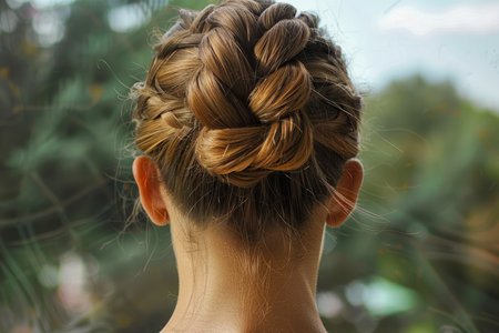 Elegant Braided Updo Hairstyle Detailed Hair Braid for Fashion or Wedding Hairstyles Concept, Back View of Woman's Head AI Generativeの素材