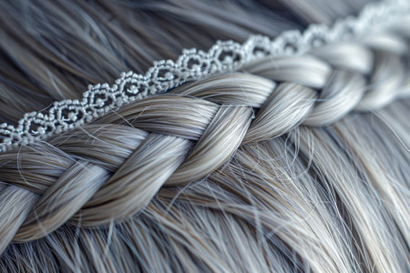 Close up of Elegant Braided Hair with Decorative Silver Chain Accessory, Hairstyling Detail AI Generativeの素材