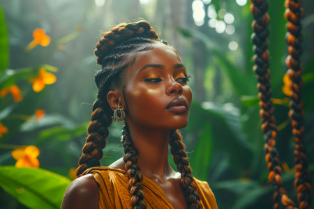 Serene African Beauty in Traditional Dress Amidst Lush Greenery AI Generativeの素材