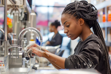 Young African American Woman Professionally Cleaning Hands in Modern Salon Environment AI Generativeの素材