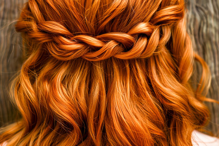 Elegant Twisted Red Hair Braid on Woman's Head, Stylish Hairdo Close Up, Beauty and Hairstyling Concept AI Generativeの素材