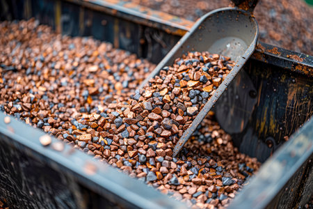 Close up View of Rough Copper Nuggets in a Mining Cart with Shovel at an Industrial Site AI Generativeの素材