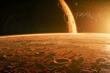 Majestic Space View Vivid Planetary Horizon with Beaming Sun and Meteor Shower Against Starry Sky AI Generativeの素材