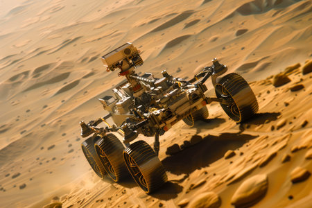 Mars Exploration Rover Navigating Red Planet Terrain, Space Robotics and Planetary Science Concept AI Generativeの素材