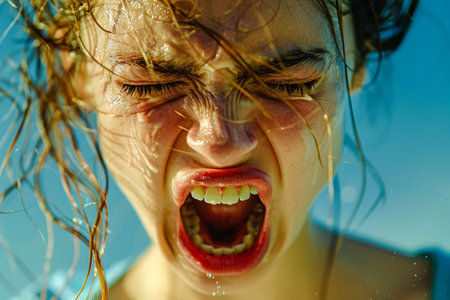 Close up of Upset Young Woman Screaming with Eyes Closed and Hair Tangled Against Bright Blue Sky AI Generativeの素材