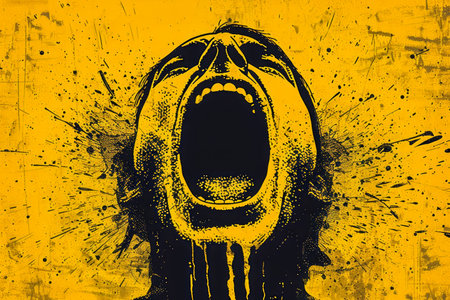 Expressive Screaming Face with Abstract Yellow Ink Splatter Background AI Generativeの素材