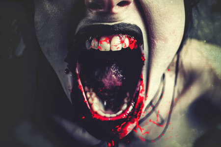 Eerie Zombie with Blood Stained Mouth in a Frightening Pose Dark Horror Themed Image for Spooky Concepts AI Generativeの素材