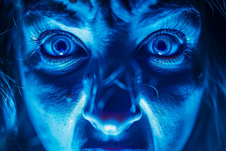 Intense Blue Illuminated Face Close Up Portrait Expressing Shock or Fear in the Darkness AI Generativeの素材