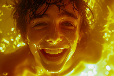 Joyful Young Man with Vivid Golden Lighting, Expressing Happiness and Positivity in Water AI Generativeの素材