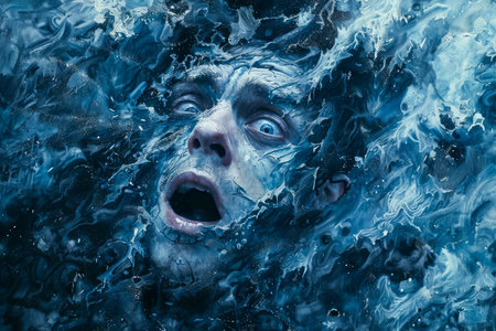Dramatic Portrait of a Man Gasping for Air While Submerged in Turbulent Water Conceptual Photography of Struggle and Desperation AI Generativeの素材