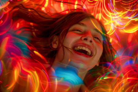 Joyful Young Girl Laughing Surrounded by Colorful Abstract Light Patterns in a Festive Atmosphere AI Generativeの素材