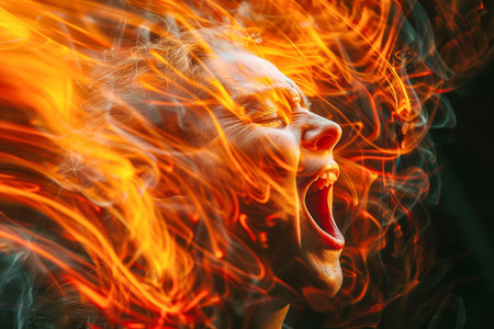 Intense Emotional Woman Engulfed in Dynamic Fiery Effect, Artistic Abstract Portrait of Passion and Energy AI Generativeの素材