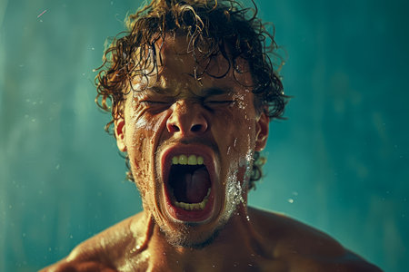 Intense Young Man Screaming with Water Splashing on his Face, Capturing Raw Human Emotion and Energetic Expression in a High Resolution Dramatic Photograph AI Generativeの素材