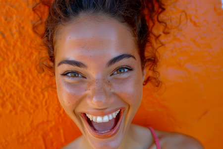Radiant Young Woman Laughing with Curly Hair Against Orange Background AI Generativeの素材