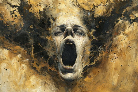 Surreal Emotional Explosion Concept, Abstract Artistic Human Face with Dramatic Expression, Creative Digital Artwork AI Generativeの素材