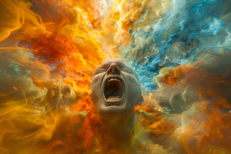 Surreal Artistic Portrait of Screaming Human Face with Vivid Colorful Swirling Smoke Background AI Generativeの素材