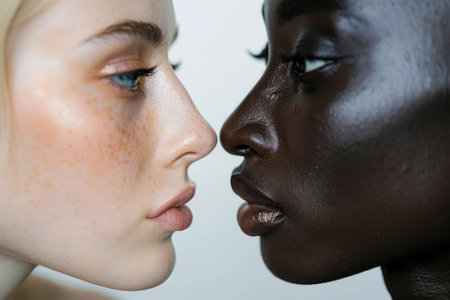 Close Up of Two Diverse Women Side by Side Highlighting Skin Tone Contrast and Beauty AI Generativeの素材