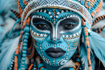 Exotic Tribal Woman with Detailed Blue and White Face Paint and Headdress AI Generativeの素材