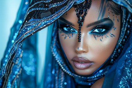 Exotic Portrait of a Woman with Elaborate Blue Makeup and Beads, Mysterious Beauty Concept with Traditional Attire AI Generativeの素材
