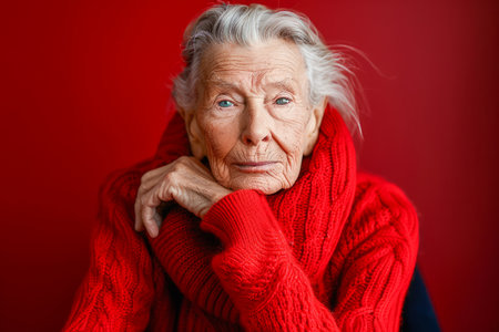 Elegant Senior Woman with Grey Hair Wrapped in Vibrant Red Scarf Posing on Red Background AI Generativeの素材