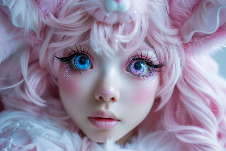 Enchanting Pink Haired Anime Inspired Cosplay Girl with Intense Blue Eyes and Decorative Makeup AI Generativeの素材