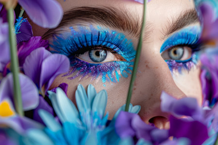 Striking Portrait of a Woman with Vibrant Blue Eyeshadow Peering Through Colorful Flowers, Artistic Makeup Close up AI Generativeの素材