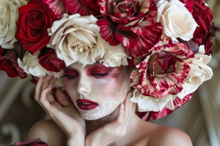 Elegant Woman with Artistic Makeup and Floral Headpiece in a Dreamy Pose AI Generativeの素材