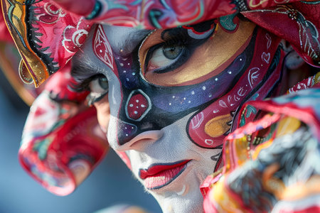 Colorful Traditional Venetian Carnival Mask, Detailed Face Paint, Festive Headwear, Mysterious Masquerade AI Generativeの素材