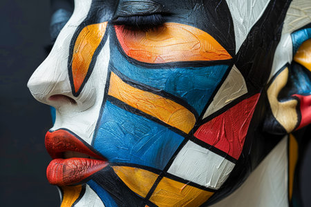 Close up of a Woman's Face with Colorful Geometric Body Art Against Dark Background AI Generativeの素材