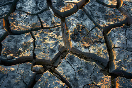 Sunlit Dried Cracked Earth Texture Representing Climate Change and Drought Conditions AI Generativeの素材