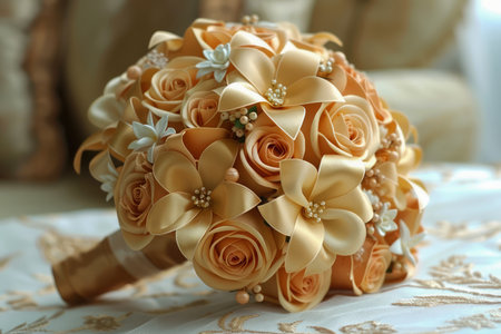 Elegant Peach Rose Bouquet with Pearls on Creamy Fabric Background Perfect for Wedding Themes and Floral Arrangements AI Generativeの素材