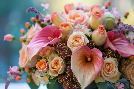 Vibrant Bouquet of Mixed Flowers with Roses and Lilies in Soft Focus Background Ideal for Weddings and Special Occasions AI Generativeの素材