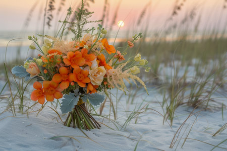 Beautiful Sunset Beach Wedding Bouquet with Orange Flowers and Coastal Vegetation AI Generativeの素材