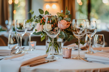 Elegant Dining Table Setup for a Wedding Reception with Beautiful Flower Arrangements and Candles AI Generativeの素材