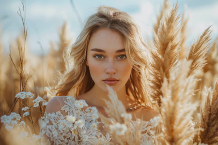 Serene Young Woman Embracing Nature Surrounded by Golden Wheat Field with Delicate White Flowers AI Generativeの素材