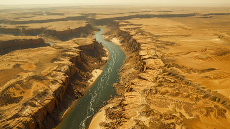 Aerial View of a Majestic River Flowing Through Desert Canyons Under a Clear Sky AI Generativeの素材
