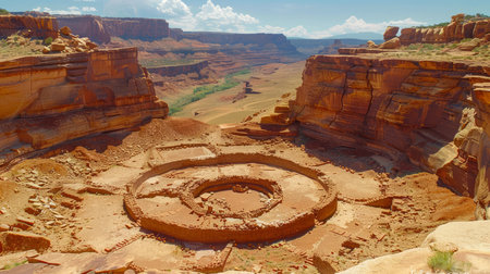 Breathtaking View of Ancient Stone Structure in Desert Landscape under Blue Sky with Clouds AI Generativeの素材