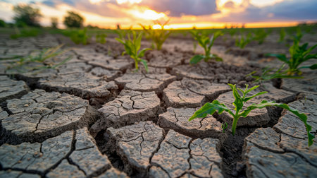 Resilient Green Plants Growing on Cracked Dry Earth Against Sunset Sky Symbol of Hope and Renewal AI Generativeの素材