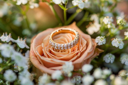 Elegant Diamond Engagement Ring Nestled in Delicate Peach Rose Surrounded by Tiny White Flowers AI Generativeの素材