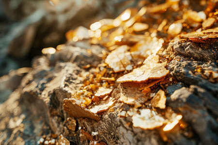 Close up Golden Texture on Rough Stone Surface Natural Gold Flakes Sparkling in Sunlight AI Generativeの素材
