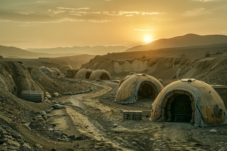 Tranquil Sunset over Desert Military Camp with Tents and Rugged Terrain AI Generativeの素材
