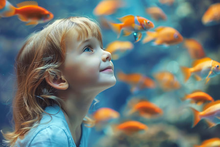 Young Child in Awe at an Aquarium Watching Vibrantly Colored Fish Swim in a Beautiful Underwater World AI Generativeの素材
